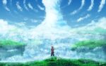  1boy absurdres animal artist_name bird cliff clouds cloudy_sky crossed_arms day fantasy flying flying_animal grass h_yuusui highres light looking_to_the_side original outdoors redhead scenery shirt shorts signature sky spiky_hair sunlight t-shirt 