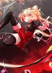  1girl alternate_costume black_shirt black_thighhighs blonde_hair breasts feet_out_of_frame flandre_scarlet hair_between_eyes highres long_hair looking_at_viewer neck_ribbon no_hat no_headwear open_mouth red_background red_eyes red_ribbon red_shorts ribbon sawararado shirt short_sleeves shorts side_ponytail small_breasts solo teeth thigh-highs touhou wings 