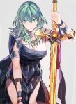  1girl amu_(nsk0) aqua_eyes arm_up breasts byleth_(fire_emblem) byleth_eisner_(female) closed_mouth fire_emblem fire_emblem:_three_houses green_hair long_hair looking_at_viewer solo 