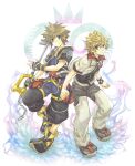  2boys belt black_jacket black_shorts blonde_hair blue_eyes brown_hair chain_necklace cropped_jacket crown fingerless_gloves full_body gloves hair_between_eyes holding holding_weapon hood hooded_jacket jacket jewelry keyblade kingdom_hearts kingdom_hearts_ii male_focus multiple_boys necklace roxas shichimiso short_hair shorts smile sora_(kingdom_hearts) spiky_hair thigh_strap two-tone_pants weapon white_jacket wristband 