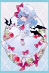  1girl absurdres ascot bangs bat_(animal) bat_wings black_wings blue_hair bobby_socks bow brooch collared_shirt commentary_request dress_bow floral_background flower food frilled_shirt_collar frills fruit full_body gem hat hat_ribbon high_heels highres jewelry katai_(nekoneko0720) long_hair looking_at_viewer mob_cap open_mouth puffy_short_sleeves puffy_sleeves red_ascot red_bow red_eyes red_footwear red_gemstone red_ribbon remilia_scarlet ribbon shirt short_sleeves skirt smile socks solo strawberry touhou wavy_hair white_headwear white_shirt white_skirt white_socks wings wrist_cuffs 