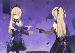  2girls bare_shoulders black_bow black_dress black_gloves black_shorts blonde_hair blue_bow blue_dress bow commentary crown detached_sleeves dress dual_persona eyepatch fischl_(ein_immernachtstraum)_(genshin_impact) fischl_(genshin_impact) genshin_impact gloves hair_bow hayarob highres jewelry long_hair long_sleeves marvel meme multiple_girls pointing pointing_at_another pointing_spider-man_(meme) purple_bow red_eyes ring shorts spider-man_(series) two_side_up vision_(genshin_impact) wing_hair_ornament 