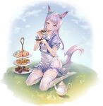  1girl absurdres animal_ears bangs biscuit_(bread) blush closed_mouth cup food full_body grass highres holding holding_cup holding_saucer horse_ears horse_girl horse_tail lilithmy long_hair macaron mejiro_mcqueen_(umamusume) no_shoes outdoors purple_hair purple_shirt sailor_collar saucer shirt sitting skirt steam tail teacup teapot thigh-highs tiered_tray umamusume violet_eyes white_skirt white_thighhighs yokozuwari zettai_ryouiki 