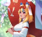  1girl :3 :d animal_ear_fluff animal_ears blue_hair blurry blurry_background blurry_foreground bow breasts commentary_request depth_of_field fang fox_ears fox_girl fox_tail hair_bow highres holding holding_umbrella indie_virtual_youtuber japanese_clothes kimono looking_away medium_breasts multicolored_hair oil-paper_umbrella red_bow red_eyes red_umbrella sakura_chiyo_(konachi000) smile solo streaked_hair tail umbrella virtual_youtuber white_kimono wind_chime yamano_kayo 