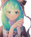  1girl ao_tamari artist_name bangs bow brown_dress closed_mouth collared_dress dress fingernails frills green_eyes green_hair green_nails hair_bow hands_up highres kagiyama_hina light looking_at_viewer medium_hair nail_polish own_hands_together puffy_short_sleeves puffy_sleeves red_bow short_sleeves simple_background solo touhou upper_body watermark white_background 