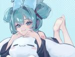  1girl absurdres alternate_hairstyle aqua_eyes aqua_hair arm_tattoo azenn_03 bangs barefoot black_skirt bow cinnamiku cinnamoroll detached_sleeves hair_bow hair_ornament hatsune_miku headphones highres looking_at_viewer lying_on_cloud pillow pillow_grab sanrio skirt smile tattoo vocaloid 