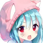  1girl animal_hat aqua_hair blush cat_hat fang hat hood hoodie medium_hair open_mouth original pink_hoodie red_eyes sketch slit_pupils solo translated upper_body whiskers white_background 