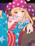  1girl akagashi_hagane american_flag_pants american_flag_shirt bangs black_border blonde_hair blush border chair closed_mouth clownpiece commentary_request commission fingernails gradient gradient_background hair_between_eyes hand_up hat jester_cap long_fingernails long_hair looking_at_viewer neck_ruff no_shoes outside_border pants pink_background pink_eyes pink_headwear polka_dot purple_background purple_headwear sharp_teeth shirt short_sleeves sitting skeb_commission smile solo star_(symbol) star_in_eye star_print striped striped_pants striped_shirt symbol_in_eye teeth touhou violet_eyes 