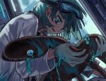  1girl aqua_eyes aqua_hair coat copyright_request creature earrings gloves goggles goggles_on_head grey_gloves jewelry long_hair parted_lips seeshin_see sharp_teeth smile solo tears teeth tongue tongue_out upper_body white_coat 