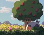  apple bush clouds cloudy_sky day fantasy field flower flower_field food fruit house kirby kirby_(series) light looking_to_the_side miclot mountain outdoors sky star_(symbol) sunflower tree watermelon whispy_woods 