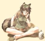  1girl alcohol animal_ears bangs bottle brown_eyes brown_hair brown_shirt brown_skirt closed_mouth fingernails flip-flops futatsuiwa_mamizou glasses hand_on_own_cheek hand_on_own_face indian_style looking_at_viewer nakajimayou on_floor raccoon_ears raccoon_girl raccoon_tail sake sake_bottle sandals shirt short_hair short_sleeves simple_background sitting skirt smile solo tail toenails toes touhou wine yellow_background 