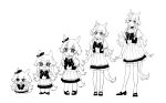  1girl :3 animal_ears bangs bow bowtie chibi closed_mouth gi!_(desukaru02518_u) greyscale high_heels highres horse_ears horse_girl horse_tail long_hair mayano_top_gun_(umamusume) monochrome open_mouth pleated_skirt progression sailor_collar school_uniform short_sleeves skirt smile standing tail thigh-highs tracen_school_uniform two_side_up umamusume 