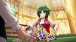  1girl 1other androgynous breasts casino casino_card_table copyright dolphin_wave game_cg green_eyes green_hair harunami_anri jacket jersey large_breasts official_art poker_chip ponytail raglan_sleeves red_jacket tagme 