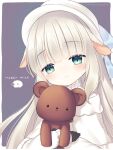 .live 1girl animal_ears bangs black_gloves blunt_bangs blush character_name closed_mouth commentary_request dress gloves green_eyes grey_hair long_hair long_sleeves looking_at_viewer merry_milk miya_(chocolate_holic) sheep_ears smile solo stuffed_animal stuffed_toy teddy_bear upper_body virtual_youtuber white_dress white_headwear 