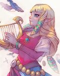  1girl bangs belt bird blue_eyes blunt_bangs bracelet breasts dress falling_feathers green_ribbon hair_ribbon harp highres holding holding_instrument instrument jewelry long_hair long_sleeves looking_to_the_side medium_breasts music pink_dress playing_instrument pointy_ears princess_zelda ribbon sidelocks smile solo the_legend_of_zelda the_legend_of_zelda:_skyward_sword tholia_bentz upper_body 