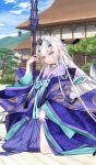  1girl blue_kimono choco_(chocolate_shop) choker commentary_request craft_essence_(fate) fairy_knight_lancelot_(fate) fate/grand_order fate_(series) hair_ornament holding holding_polearm holding_weapon japanese_clothes kimono long_hair multicolored_clothes multicolored_kimono official_alternate_costume official_art patterned_clothing polearm purple_kimono side_slit solo spear very_long_hair weapon white_hair yellow_eyes 
