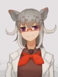  1girl animal_ears babirusa_(kemono_friends) bangs brown_shirt commentary_request don3 extra_ears glasses grey_hair kemono_friends labcoat light_brown_hair looking_at_viewer medium_hair multicolored_hair neckerchief pig_ears red_neckerchief shirt smile solo upper_body violet_eyes white_hair 