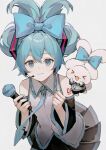 &gt;_&lt; 1girl :d bangs bare_shoulders black_skirt black_sleeves blue_bow blue_eyes blue_hair blue_necktie bow cinnamiku cinnamoroll closed_eyes collared_shirt commentary_request cosplay crossover dress_shirt eyebrows_hidden_by_hair grey_background hair_between_eyes hair_bow hatsune_miku hatsune_miku_(cosplay) heridy highres long_sleeves necktie pleated_skirt sanrio shirt simple_background skirt sleeveless sleeveless_shirt smile tie_clip tied_ears vocaloid white_shirt wide_sleeves xd 
