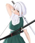  1girl bangs bob_cut bright_pupils from_behind green_skirt green_vest highres holding holding_sword holding_weapon katana konpaku_youmu looking_at_viewer luis_rosso scabbard sheath shirt shirt_tucked_in short_hair short_sleeves simple_background skirt solo sword touhou vest weapon white_background white_hair white_pupils white_shirt yellow_eyes 