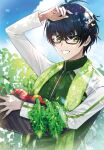  1boy :d antenna_hair bangs basket black_hair carrot character_print clouds dappled_sunlight day glasses green_eyes green_jacket hand_up holding holding_basket jacket kotegiri_gou kumita_(sumica) lens_flare looking_at_viewer male_focus mole mole_under_eye multiple_moles plant short_hair signature smile solo sunlight sweat tomato touken_ranbu towel towel_around_neck track_jacket upper_body 