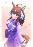  1girl absurdres ahoge animal_ears bag bow bowtie brown_hair chrisdraw1360 collarbone commentary_request daring_tact_(umamusume) frilled_skirt frills green_eyes hair_ornament head_tilt highres horse_ears horse_girl horse_tail long_hair long_sleeves looking_at_viewer looking_up multicolored_hair outside_border pleated_skirt purple_bow purple_bowtie purple_sailor_collar purple_shirt sailor_collar sailor_shirt school_bag school_uniform shirt skirt solo star_(symbol) star_hair_ornament tail tail_through_clothes tracen_school_uniform two-tone_hair umamusume white_bow white_hair winter_uniform 