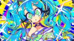  +_+ 1girl aqua_hair artist_name blue_sailor_collar bow bowtie bracelet eighth_note green_bow green_bowtie green_eyes gyaru hair_ornament hairclip halftone hand_up hatsune_miku heart highres index_finger_raised jewelry kogal krokobyaka long_hair looking_at_viewer musical_note open_mouth outline sailor_collar shirt solo star_(symbol) vocaloid white_shirt yellow_outline 