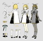 1girl black_bow black_dress black_footwear blonde_hair blue_eyes bow bow_hairband bowtie character_name colored_shoe_interior dress english_text formal glowing glowing_clothes grey_background hairband hand_up high_collar instrument instrument_hair_ornament kagamine_rin kneehighs looking_at_viewer mary_janes miku_symphony_(vocaloid) multiple_views official_alternate_costume official_art open_mouth outstretched_arm reference_sheet rella shoes shoes_removed short_hair short_sleeves simple_background smile socks standing trumpet turnaround two-sided_bow two-sided_ribbon vocaloid white_bow white_dress white_socks 