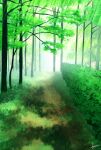  absurdres artist_name blurry blurry_background branch bush day forest grass green_theme h_yuusui highres horizon leaf light_rays nature no_humans original road scenery signature sky sunlight tree 