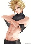 1boy abs bare_shoulders black_pants black_tank_top blonde_hair blue_eyes closed_mouth cloud_strife earrings final_fantasy final_fantasy_vii final_fantasy_vii_remake jewelry male_underwear muscular_male navel pants shirt_lift spiky_hair stomach sylvia_m tank_top twitter_username uscular wh white_background