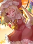  1girl ;d ascot back_bow blonde_hair bow breasts collared_shirt dutch_angle fang flandre_scarlet frilled_shirt_collar frilled_skirt frills gfxs5335 gradient gradient_background hat head_tilt looking_at_viewer medium_hair mob_cap multicolored_wings one_eye_closed orange_background puffy_short_sleeves puffy_sleeves red_skirt red_vest shirt short_sleeves skin_fang skirt skirt_set small_breasts smile solo touhou vest white_bow white_headwear white_shirt wings yellow_ascot 