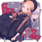  2girls abigail_williams_(fate) back-to-back black_dress black_ribbon blonde_hair blue_eyes blush commentary daisi_gi dot_nose dress fate/grand_order fate_(series) grey_hair hair_ribbon hat highres horns lavinia_whateley_(fate) long_sleeves looking_at_viewer multiple_girls open_mouth orange_ribbon pink_eyes ribbon see-through shiny shiny_hair smile star_(symbol) stuffed_toy translated 
