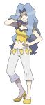  1girl absurdres artist_request blue_eyes blue_hair hand_in_own_hair hand_on_hip high_heels highres karen_(pokemon) long_hair navel official_art pants pokemon pokemon_(game) pokemon_masters_ex shirt smile solo standing stomach transparent_background white_background white_pants yellow_footwear yellow_shirt 