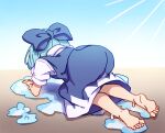  1girl absurdres barefoot blue_dress blue_hair cirno dress highres kame_(kamepan44231) melting puddle puffy_short_sleeves puffy_sleeves short_hair short_sleeves simple_background solo touhou white_background 