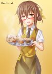  alternate_costume anti_(untea9) apron boned_meat food gradient gradient_background ham highres kantai_collection meat mochizuki_(kancolle) smile yellow_background 