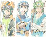  3boys agahari blonde_hair blue_eyes brown_hair cape circlet closed_mouth dragon_quest dragon_quest_ii dragon_quest_iv earrings gloves goggles goggles_on_head goggles_on_headwear green_hair hero_(dq4) jewelry multiple_boys open_mouth prince_of_lorasia prince_of_samantoria simple_background spiky_hair sword weapon white_background 