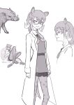  1girl animal_ears babirusa babirusa_(kemono_friends) bangs commentary_request don3 extra_ears glasses greyscale kemono_friends labcoat looking_at_viewer lying medium_hair monochrome multicolored_hair neckerchief pantyhose pig_ears shirt smile smirk tail 