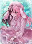  1girl animal_ears ateez_hncrn blush brown_eyes brown_hair chai_(strawbunny) closed_mouth commission dress food freckles fruit heart heart-shaped_pupils indie_virtual_youtuber long_hair looking_to_the_side multicolored_hair pink_hair rabbit_ears rabbit_girl skeb_commission smile solo split-color_hair strawberry symbol-shaped_pupils virtual_youtuber 