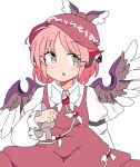  1girl animal_ears bangs bird_ears bird_wings brown_headwear character_name clothes_writing earrings grey_eyes ini_(inunabe00) jewelry juliet_sleeves long_sleeves looking_at_viewer mystia_lorelei open_mouth pink_hair puffy_sleeves short_hair simple_background single_earring solo touhou white_background white_wings winged_hat wings 