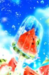  absurdres blurry blurry_background bubble clouds cloudy_sky falling_petals fantasy food food_focus fruit highres leaf makoron117117 no_humans original outdoors petals popsicle reflection reflective_water scenery sky sparkle summer water watermelon watermelon_slice 