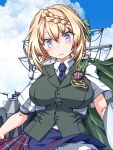  1girl 547th_sy adapted_turret badge blonde_hair blue_necktie blue_skirt blue_sky braid braided_bangs braided_bun breasts cape cloak clouds cloudy_sky collared_shirt dress_shirt embarrassed green_cape green_cloak green_vest hair_bun highres kantai_collection large_breasts long_hair looking_at_viewer machinery necktie outdoors perth_(kancolle) plaid plaid_skirt pleated_skirt school_uniform shirt short_sleeves skirt sky smokestack solo vest violet_eyes white_shirt 