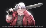  1boy absurdres black_background black_gloves cleft_chin cosplay dante_(devil_may_cry) dante_(devil_may_cry)_(cosplay) devil_may_cry_(series) double_chin english_commentary english_text facial_hair family_guy fat fat_man fingerless_gloves gloves grey_eyes grey_hair highres holding holding_sword holding_weapon jacket kowai_(iamkowai) looking_at_viewer male_focus over_shoulder peter_griffin red_jacket simple_background solo sword upper_body weapon weapon_over_shoulder 