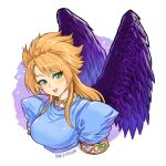  1girl angel_wings bad_link black_wings blonde_hair blue_dress breasts breath_of_fire breath_of_fire_ii dress gem green_eyes long_hair meziosaur nina_(breath_of_fire_ii) puffy_sleeves signature simple_background smile wings 