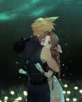  1boy 1girl 2020 aerith_gainsborough bangs bare_arms black_pants black_sweater blonde_hair bow bracelet brown_hair cloud_strife couple cowboy_shot dated final_fantasy final_fantasy_vii flower green_eyes hair_between_eyes hair_bow hair_intakes hetero hug jacket jewelry krudears long_hair night outdoors pants pink_bow pink_skirt red_jacket ribbed_sweater shiny shiny_hair signature skirt sleeveless sleeveless_sweater spiky_hair standing sweater turtleneck turtleneck_sweater twitter_username watermark web_address yellow_flower 