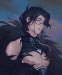  1boy artist_name artistdkt bare_pectorals black_hair blurry blurry_background clouds cloudy_sky coat compression_shirt eyewear_strap genshin_impact glasses highres long_hair looking_to_the_side male_focus manly mature_male muscular muscular_male night night_sky nipple_piercing nipples orange_eyes outdoors pantalone_(genshin_impact) pectorals piercing signature sky smile solo star_(sky) starry_sky 