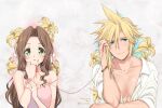  1boy 1girl 2020 aerith_gainsborough blonde_hair blush brown_hair closed_mouth cloud_strife collarbone dated dress_shirt final_fantasy final_fantasy_vii flower green_eyes grey_background hair_flower hair_intakes hair_ornament hair_ribbon hair_tubes krudears long_hair looking_at_viewer open_clothes open_shirt pectoral_cleavage pectorals pink_shirt red_ribbon ribbon shiny shiny_hair shirt sleeveless sleeveless_shirt sleeves_rolled_up spaghetti_strap spiky_hair strap_slip twitter_username upper_body white_ribbon white_shirt yellow_flower 