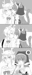 ... 2girls animal_ears antlers apron bell blush bow cat_ears cat_tail comic greyscale haniyasushin_keiki head_scarf highres jewelry jingle_bell kicchou_yachie licking licking_another&#039;s_cheek licking_another&#039;s_face long_hair magatama magatama_necklace mask_(boring_mask) monochrome multiple_girls necklace short_hair slit_pupils smile surprised tail tail_bow tail_ornament touhou turtle_shell yuri