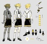  1boy belt black_footwear black_necktie blonde_hair blue_eyes character_name collared_shirt colored_shoe_interior dress_shoes english_text formal gloves glowing glowing_clothes grey_background hand_up high_collar kagamine_len kneehighs legs_apart light_smile looking_at_viewer miku_symphony_(vocaloid) multiple_views necktie official_alternate_costume official_art reference_sheet rella shirt shoes shoes_removed short_hair short_necktie short_ponytail short_sleeves shorts simple_background socks spiky_hair standing suspender_shorts suspenders turnaround vocaloid white_gloves white_shirt white_socks yellow_belt 