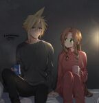  1boy 1girl 2021 aerith_gainsborough bangs bed_sheet black_pants black_shirt blonde_hair blue_eyes blush brown_hair closed_mouth cloud_strife collarbone collared_shirt couple cup dated dress_shirt eye_contact final_fantasy final_fantasy_vii green_eyes grey_background hair_between_eyes hair_intakes hetero holding holding_cup holding_hands indoors interlocked_fingers krudears long_hair long_sleeves looking_at_another open_mouth pajamas pants red_pants red_shirt shirt spiky_hair twitter_username very_long_hair watermark wing_collar 