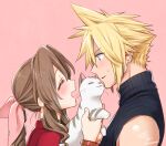  1boy 1girl 2020 :d aerith_gainsborough animal black_sweater blonde_hair blue_eyes blush bow bracelet braid braided_ponytail brown_hair cat closed_eyes cloud_strife dated earrings final_fantasy final_fantasy_vii from_side hair_between_eyes hair_bow holding holding_animal holding_cat jacket jewelry krudears long_hair open_mouth pink_background pink_bow ponytail portrait profile red_jacket ribbed_sweater shiny shiny_hair short_hair simple_background single_braid sleeveless sleeveless_sweater smile spiky_hair sweatdrop sweater twitter_username 