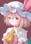  1girl ascot blonde_hair collared_shirt crystal flandre_scarlet frilled_shirt_collar frills hat hat_ribbon highres mob_cap puffy_short_sleeves puffy_sleeves red_background red_eyes red_vest ribbon satyuas shirt short_hair short_sleeves sleeve_bow touhou vest white_shirt wings 